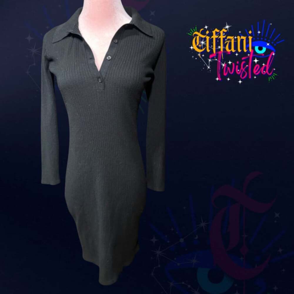 Sunday Best Black Ribbed Knit Collared Midi Dress Long Sleeve Size M